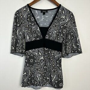 Vintage Y2k Babydoll Top M Black White Vneck Tie Back Floral Cottage Whimsigoth